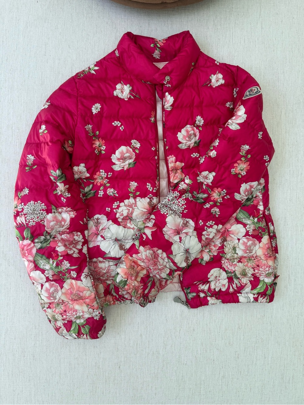 Moncler Floral Quilted Puffer Jacket in Hot Pink and Light Pink